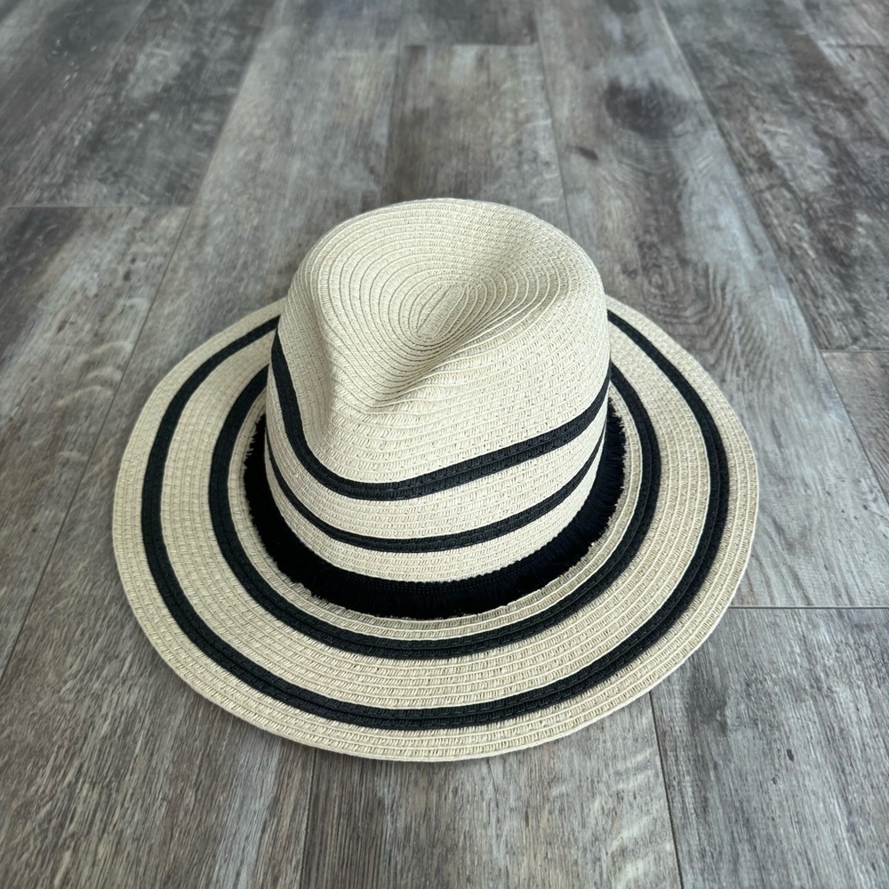Express Stylish Tan and Black Straw Hat with Stripes and Fringe - One Size